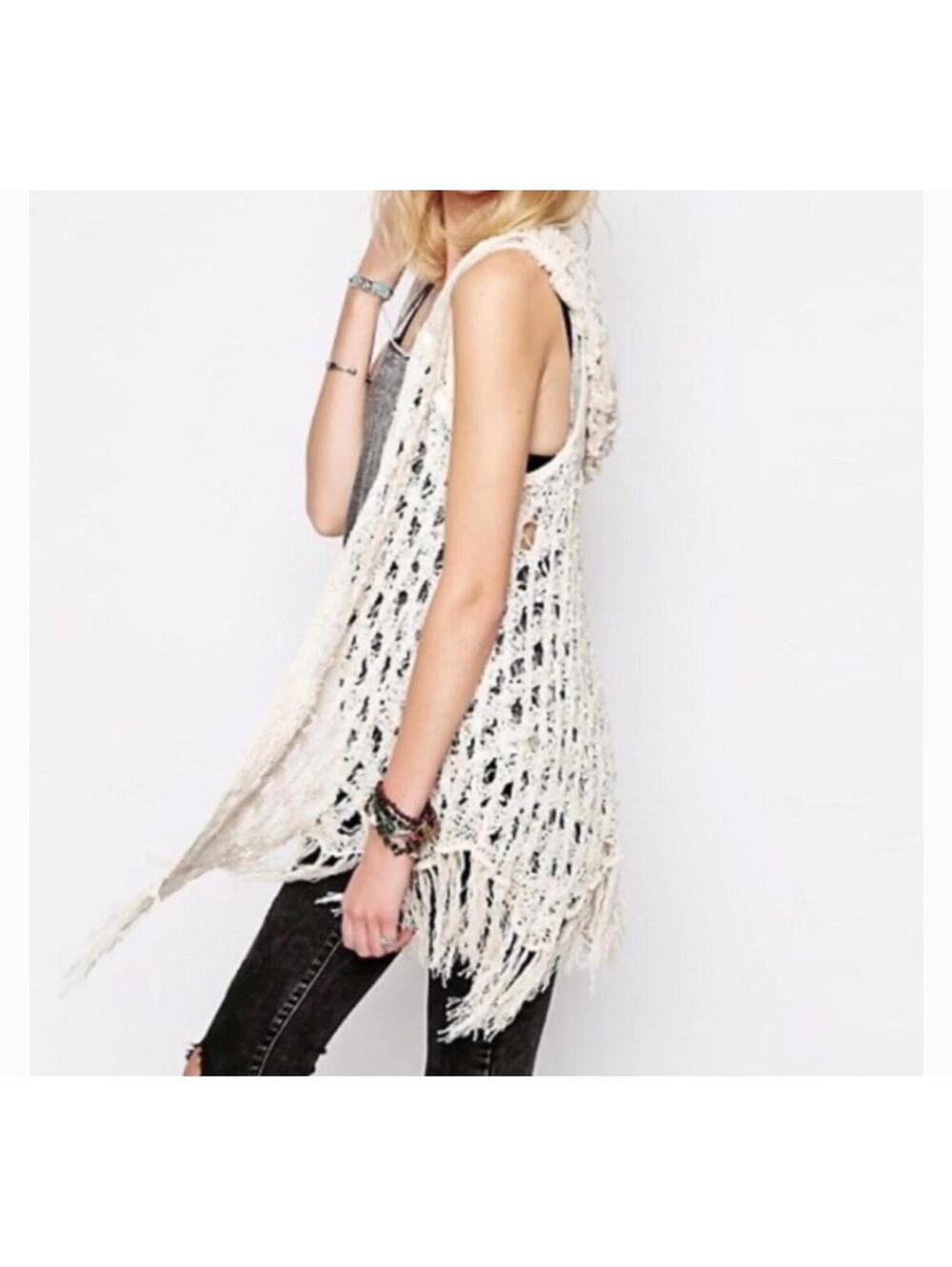FREE PEOPLE | NWT Cream Crochet Hooded Fringe Vest Cardigan Festival Boho/ S